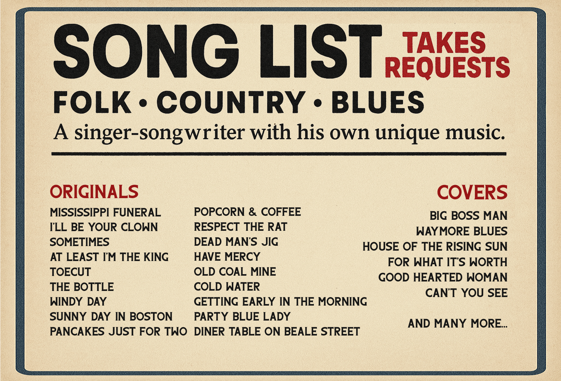 Grandpa Rufus' song list which includes originals like Mississippi Funeral and Dead Man's Jig